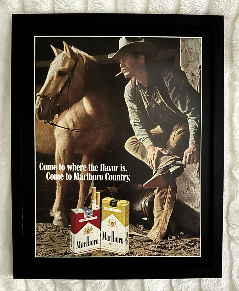 Framed 1975 Marlboro Cigarette Vintage Print Ad Cowboy Horse Stall Boots Spurs